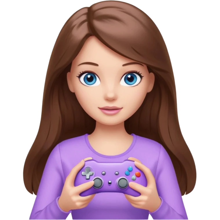 beautiful barbie girl with long brown hair, blue eyes and wearing light purple clothes playing console games with controller emoji
