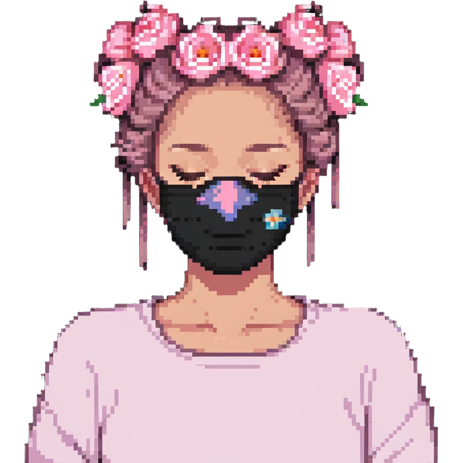 Pixel art girl sleeping with pink beauty face mask, hair in messy bun, self care emoji