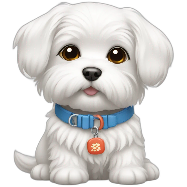 maltese puppy with collar that says Kimchi emoji