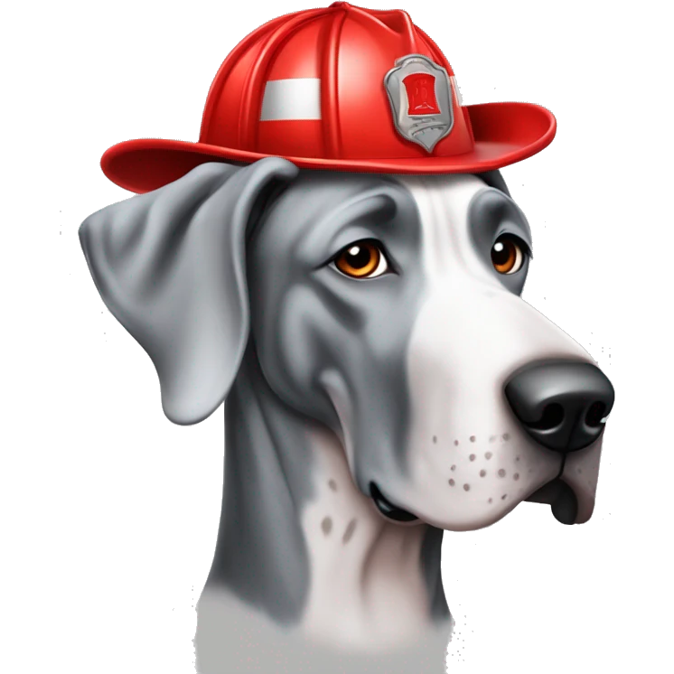 Merle grey Great Dane wearing a red fire fighter hat  emoji