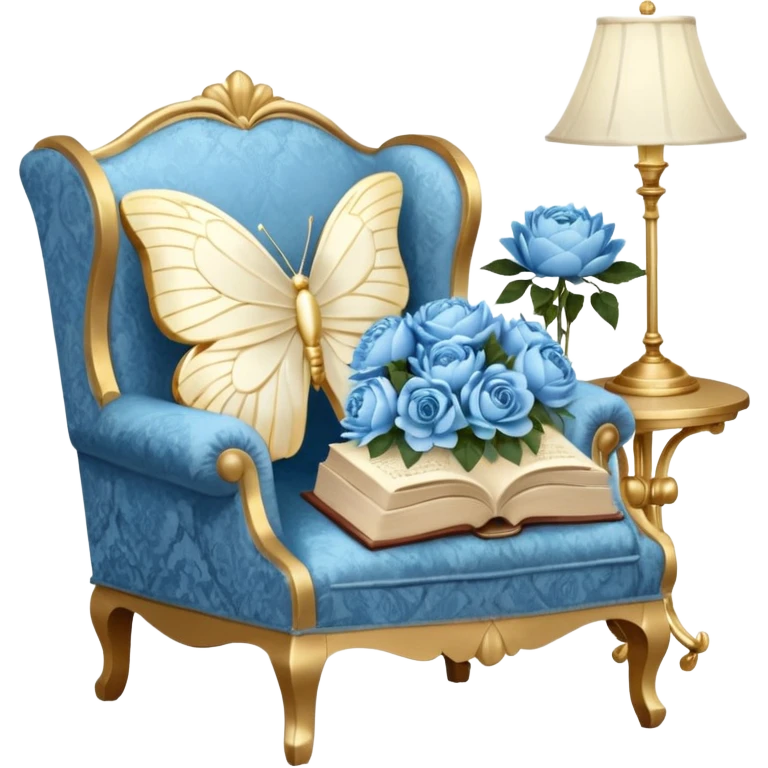 A cozy vintage-inspired reading nook, with an overstuffed ivory armchair, a golden reading lamp, and a bouquet of soft blue roses, white peonies, and dahlias resting on a small lace-covered side table, as a pearl butterfly gently rests on the open book.  emoji