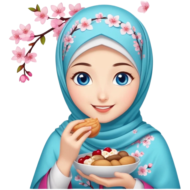 Turkish beautiful finish Konya girl blue eyes with cherry blossom floral hijab islamic dress and she’s savouring delicious food face emoji
