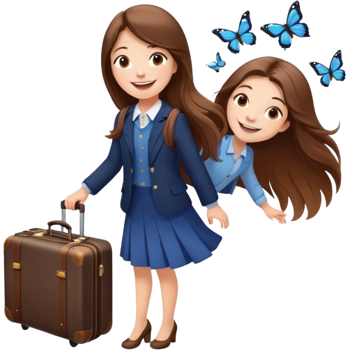 Excited smiling sweetly 🥹🥰🦋 Girl with long brown hair with a suitcase, ready for travel, passport in hand and butterflies around her elegant emoji