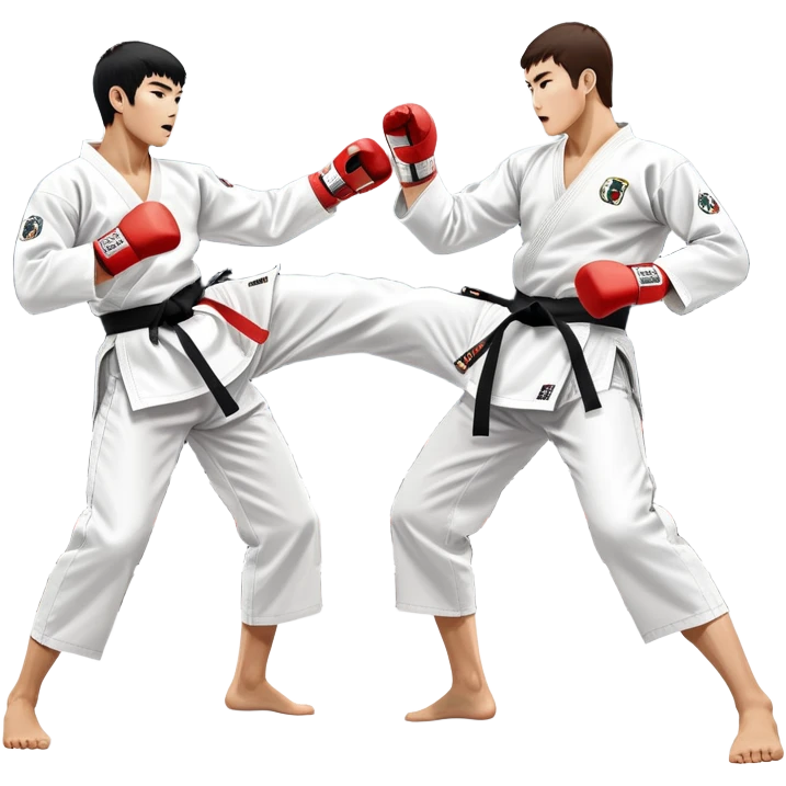 Two taekwondo fighters in traditional white doboks with black belts. One delivers a powerful kick, while the other defends by blocking with his knee. The background shows a professional arena with bright lights and an excited crowd. Transparent background highlights the intense action emoji