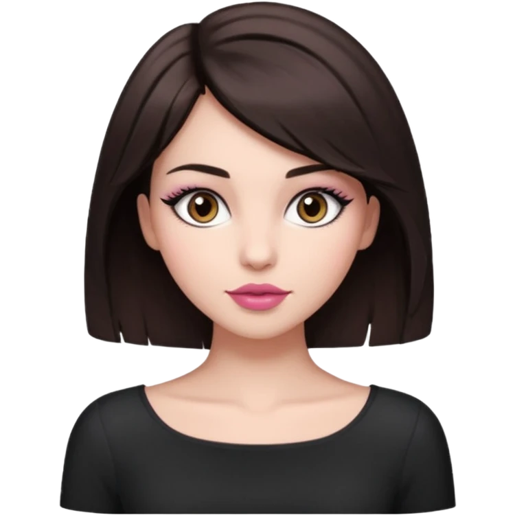 my hair is dark brown almost black, reaching my waist. the haircut is wolfcut, pretty lasher hut not thick. slightly pink lips. emoji