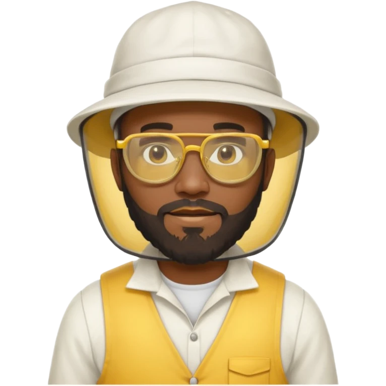 black male bee keeper with beard, white hat and yellow glasses, white outfit,  emoji