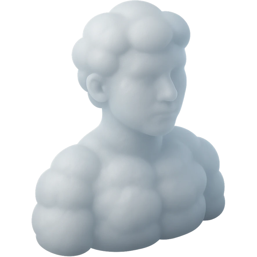 person looking straight, fully made of white fluffy convex clouds, shoulder up, matte glass style emoji