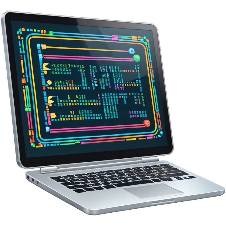 An icon featuring a laptop screen with colorful lines of code, brackets, and a blinking cursor, symbolizing programming. The design includes flowcharts, gear icons, and binary code, representing software development and logical problem-solving. Transparent background highlights the world of coding. emoji