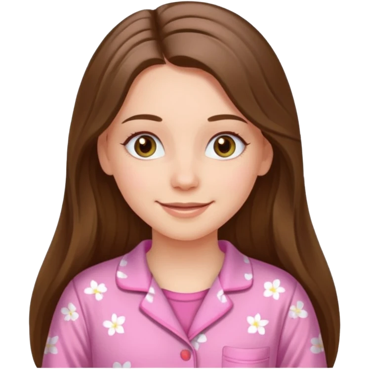 happy white long brunette hair girl with hazel eyes and in pink pajamas emoji