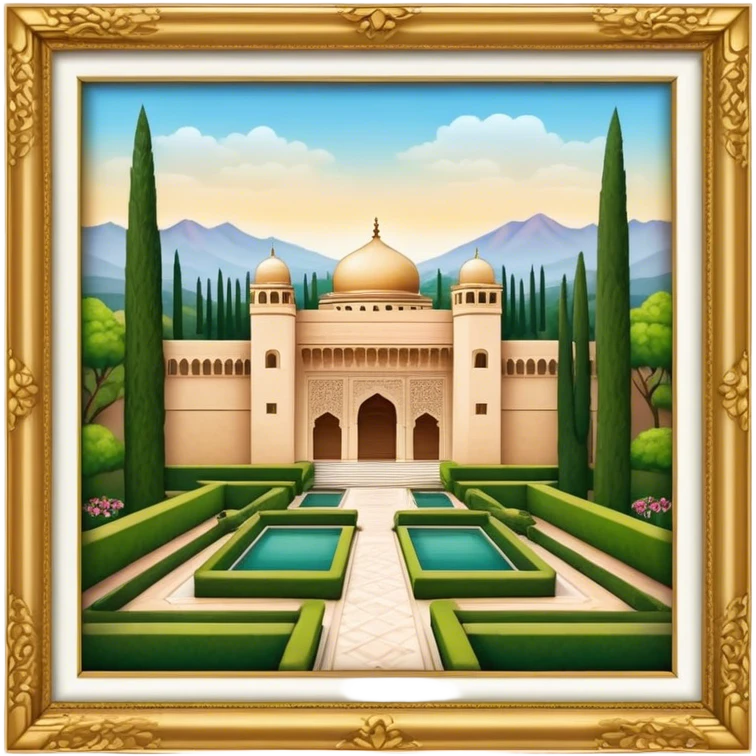 Cinematic Realistic Alhambra Landmark Emoji, showcasing the ornate historic palace with lush gardens rendered with rich textures and soft, majestic lighting. emoji