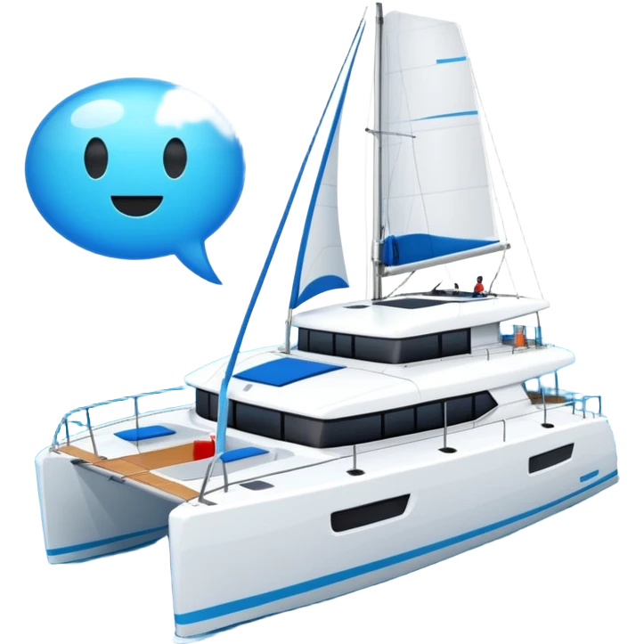 a lagoon 42 catamaran with no wording on the boat and an i message chat bubble icon coming out the top of the boat  emoji