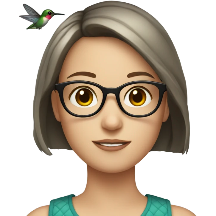 Girl pale , brunette, with short hair, wearing glasses with a hummingbird next to her emoji