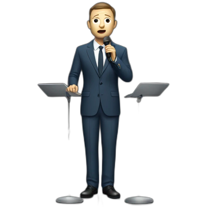 tim robinson in suit singing into microphone stand holding stand (full body, ios17, sad) emoji