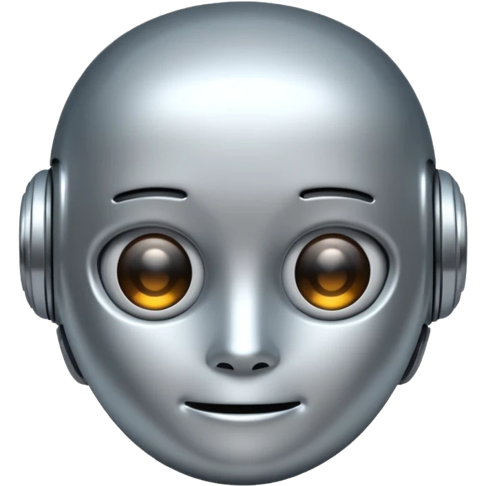 A cute futuristic robot emoji made of silver chrome, rounded friendly body, minimal facial features, glossy metallic surface, soft reflections, iOS emoji style, centered, clean white background emoji