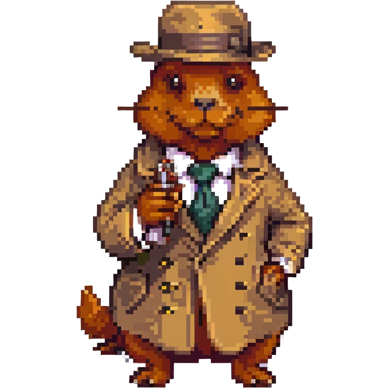 beaver gangster smoking a cigar, wearing a trench coat, tie, and hat, pixel art style emoji