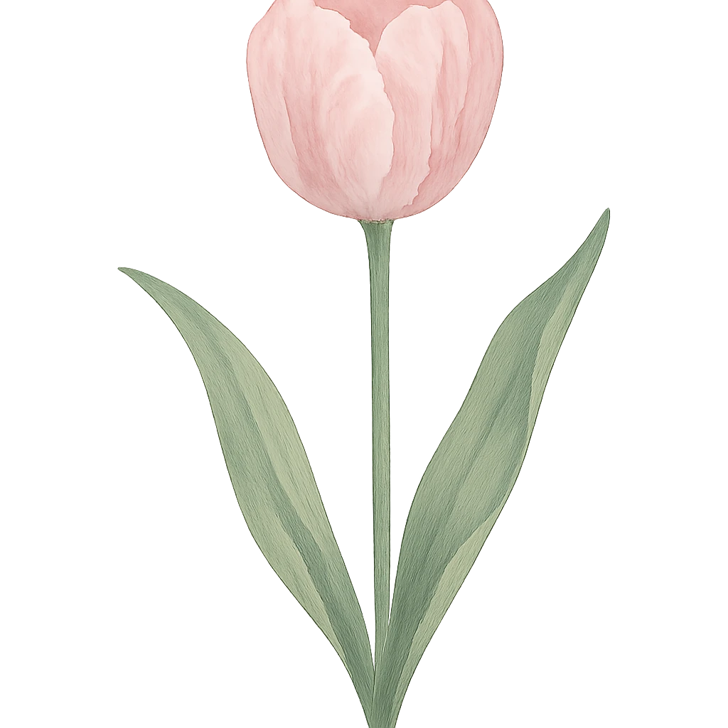 single soft pink tulip with watercolor petals, transparent background, green stem, curved soft leaves, elegant hand-painted style emoji
