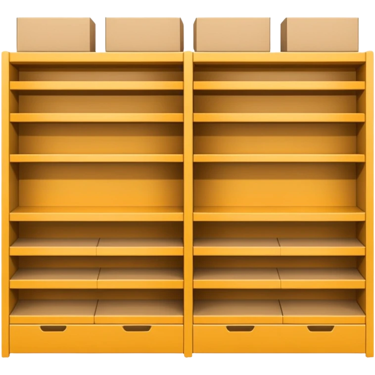 "Minimalist Japanese retail shelf display, products arranged in identical horizontal rows, with multiple units of each item placed directly behind one another, vertically varied by type, clean spacing, precise symmetry, soft neutral lighting, front-facing packages, ultra-detailed." emoji