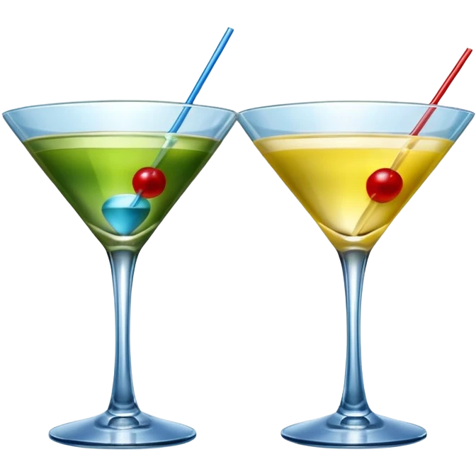 Create an two emoji of red and yellow martini cocktail, cheers with blue and green cocktail, no tube just cocktail in glass emoji