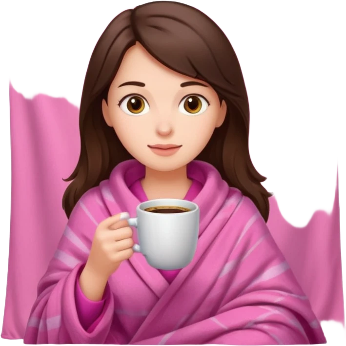 Brunette girl in pink blanket drinking coffee emoji