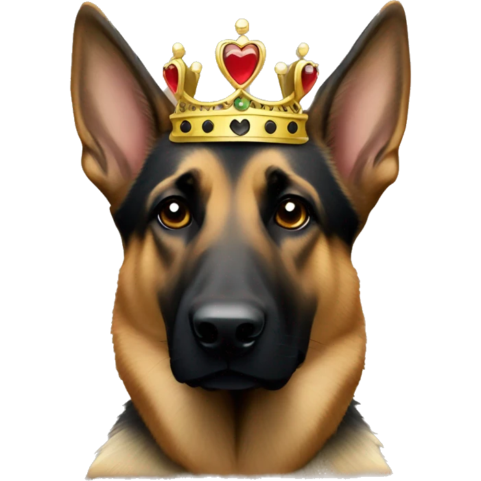 A black and tan German Shepherd wearing a crown emoji