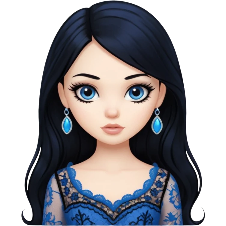 black hair, pretty, BLACK long black hair, pale skin, eyeliner, blue lace clothes, bratz baddie emoji