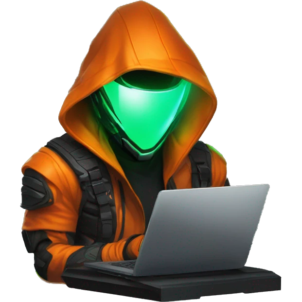 Side view developer behind his laptop with this style : crysis Cyberpunk Valorant orange glowing bright orange character green black hooded assassin themed character emoji