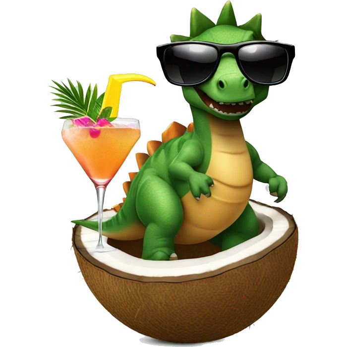 Dinosaur in a coconut bra and sunglasses with a tropical cocktail emoji
