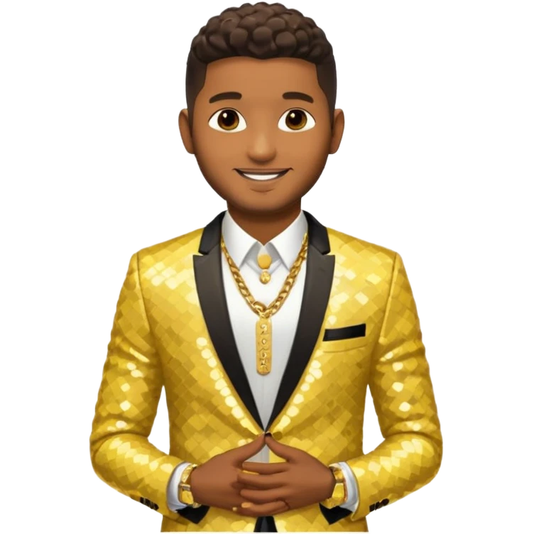 Usher with dark brown, butter yellow sequin suit jacket, shirtless with necklace emoji