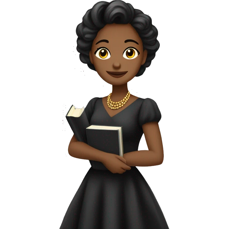 mujer cabello negro vestido elegante sosteniendo libros y lapiz hacia arriba emoji