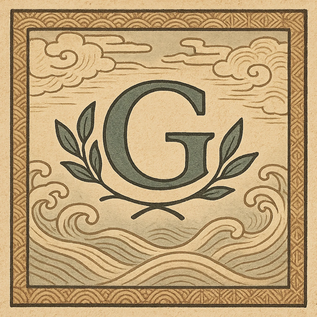 logo featuring the letter G with stylized leaves, elegant Japanese-inspired design, traditional ukiyo-e background with waves or clouds emoji