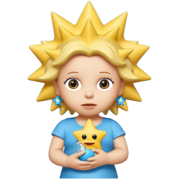 A 3D cartoon close-up of Maggie Simpson, baby from The Simpsons, rendered in Memoji-style with smooth yellow skin, spiky star-shaped hair, blue pacifier, and simple shading. Bright studio lighting, cinematic close-up framing consistent with Bart, Marge, Homer, and Lisa. emoji