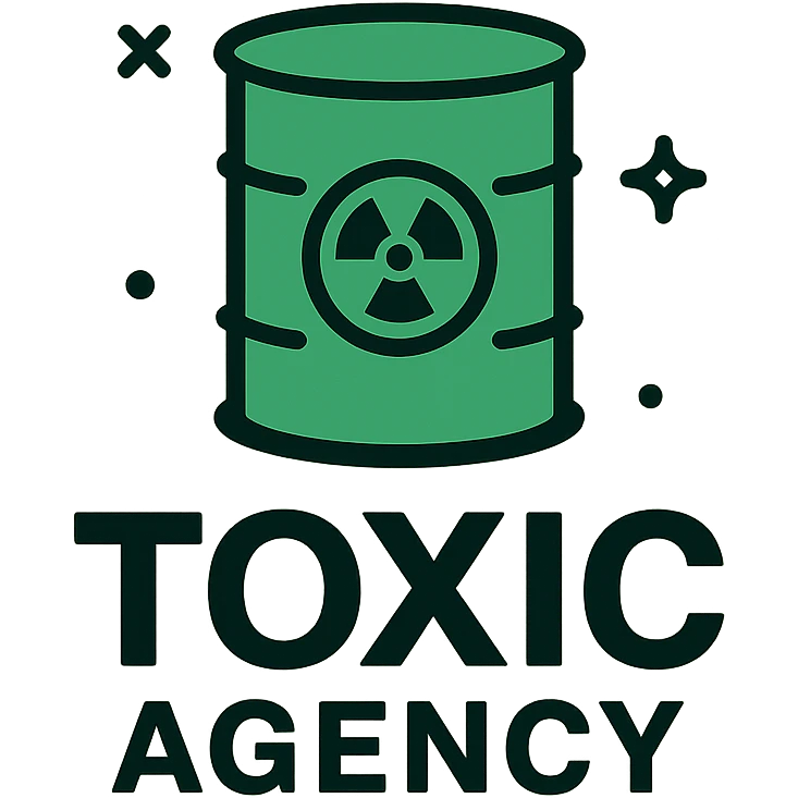 logo for 'Toxic Agency', bold modern font, green and black color scheme, includes a toxic waste barrel or hazard symbol, clean and professional style emoji