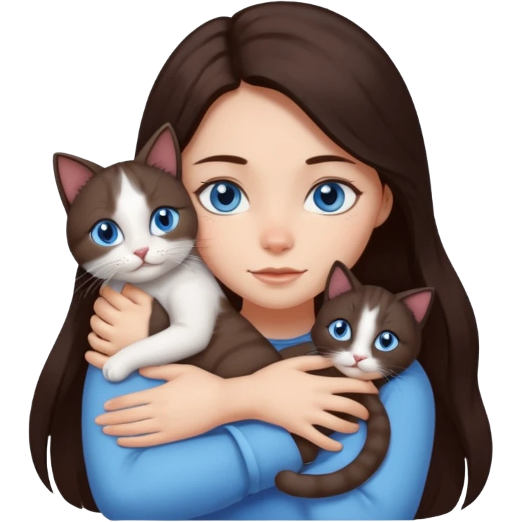 a girl with long dark 
brown hair, with blue eyes, hugs 3 different natural coloured cats emoji
