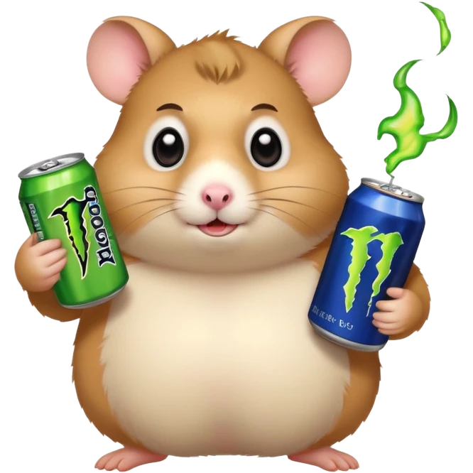 Funny cartoon-style fat hamster with big wide eyes  holding a can of monster energy in one hand and redbull in the other hand emoji