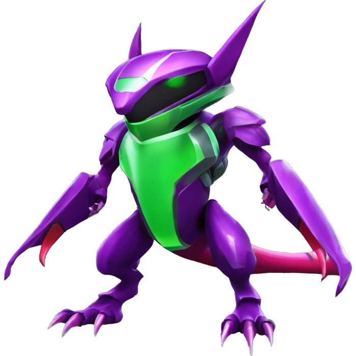 a shiny purple-green-red Genesect-Raptor-Fakémon—hybrid with a futuristic visor-helmet full body emoji