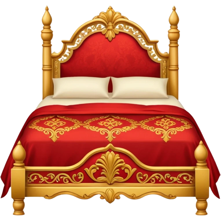 bed with red and gold sheets, wooden emoji