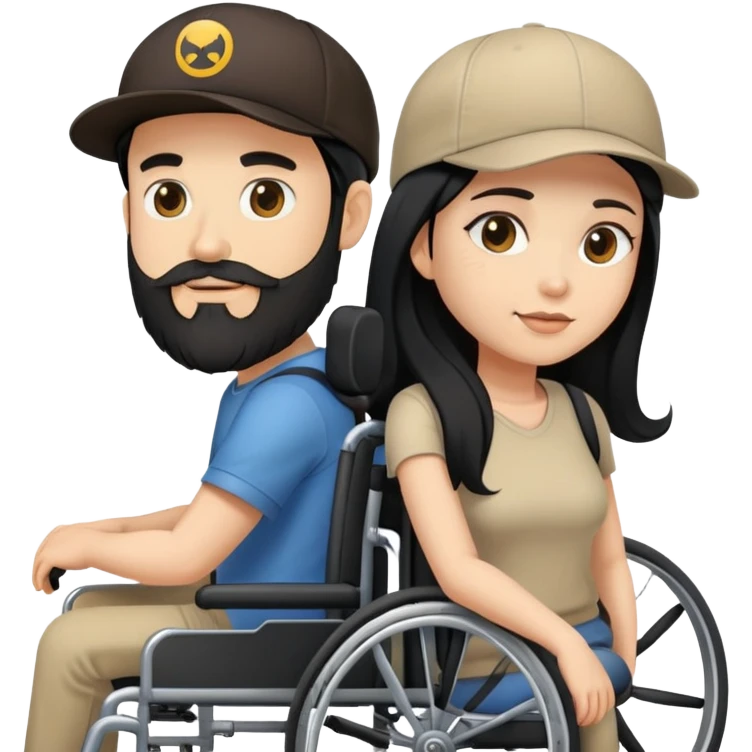 Beige skin man with a beard and cap in a wheelchair and a dark brown skin woman with long black hair in a wheelchair  emoji