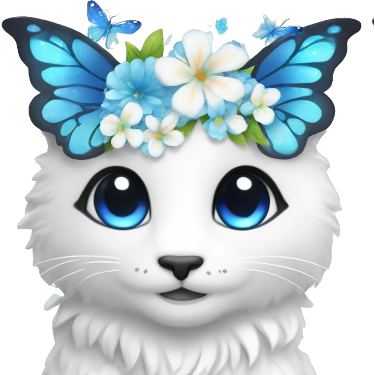Edgy Cute Cool Kawaii gorgeous sparkly ethereal white fantasy animal with blue eyes sona with flowers and butterflies emoji