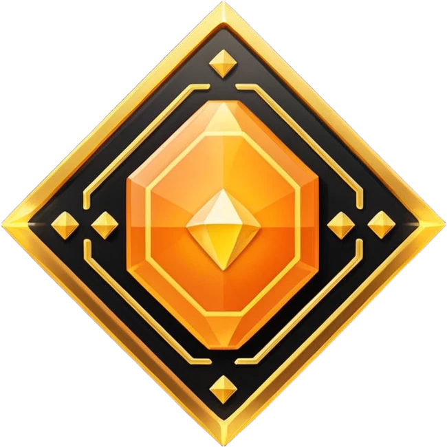 Futuristic reward points icon with PFD text in the middle, diamond or hexagon shape, circuit board lines, Bloomberg terminal aesthetic, gold orange phosphor glow on dark background, minimalist geometric, no text, fintech style, clean edges, professional icon design emoji