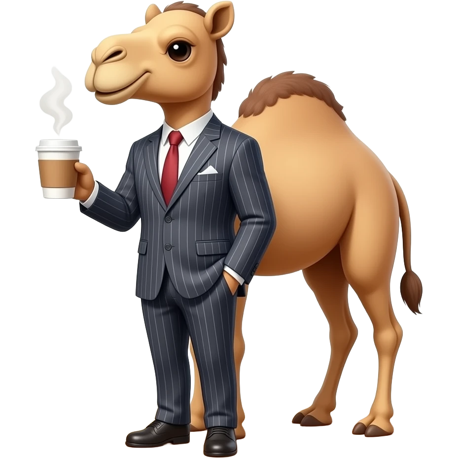 Camel with a suit on and coffee emoji