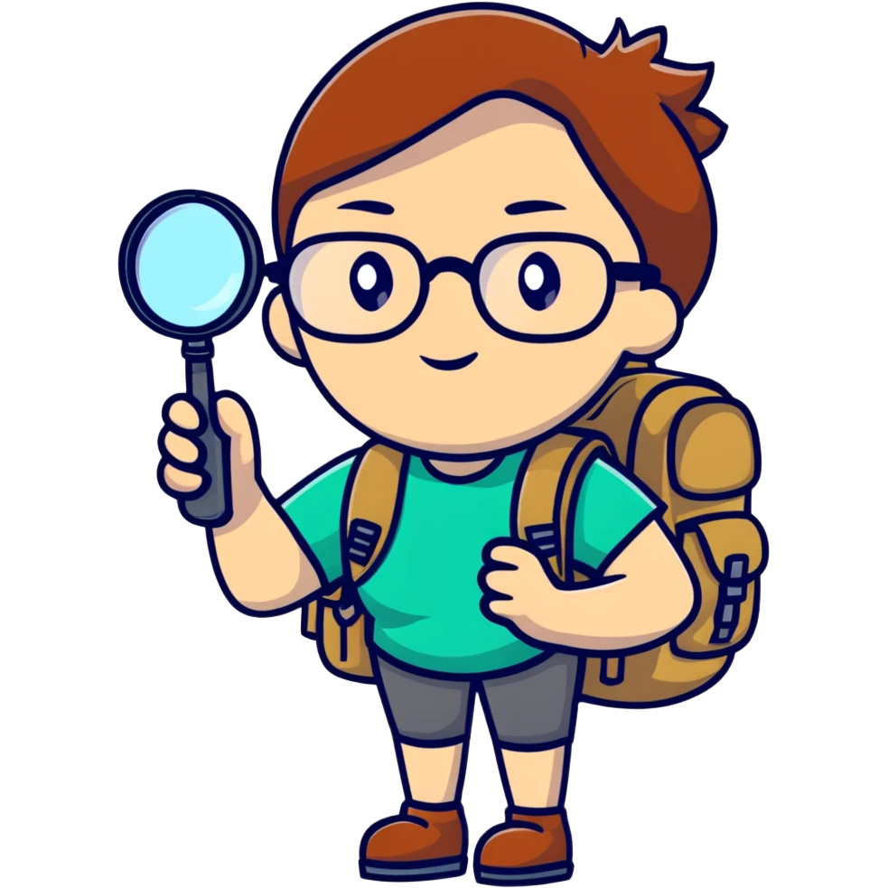 Cheerful woman explorer with glasses and backpack, holding a single magnifying glass in her hand emoji