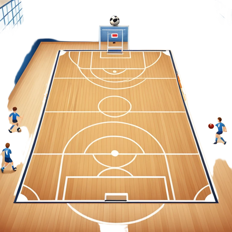 A mini-football match in an indoor sports hall with a wooden floor and clear court markings. The scene captures players in action, with the ball moving towards the goal, and the surrounding bleachers and overhead lights adding to the atmosphere of a competitive game. emoji