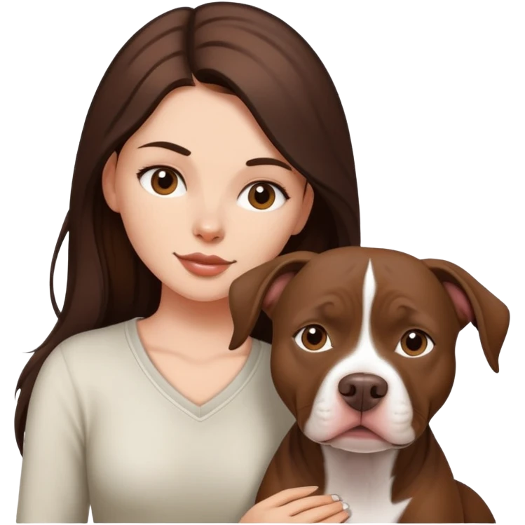 girl with dark brown long hair with her pitbull dog brown and white emoji