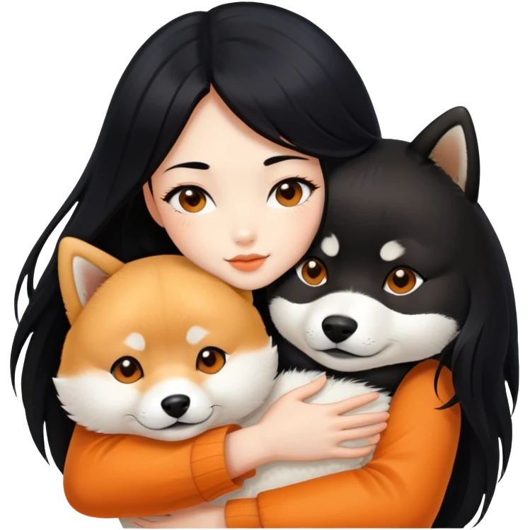 A beautiful girl with long black hair hugs a Shiba Lnu emoji