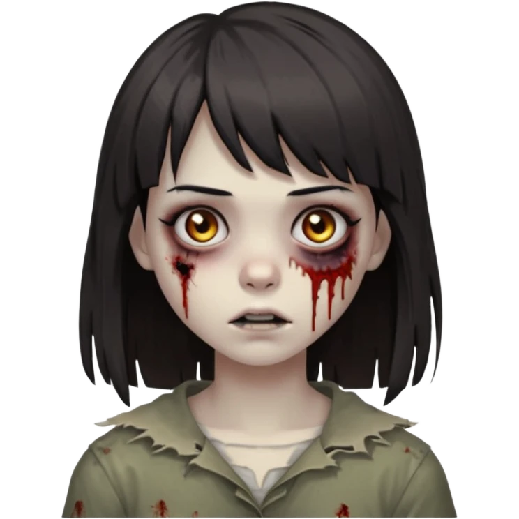 zombie 🧟‍♀️+👩🏻= girl dark hair long her shoulders bangs and ragged haircut gray eyes emoji