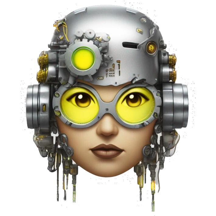 Fat Caucasian female cyborg head with Neon yellow bobbed hair, silver steampunk goggles and circuits emoji