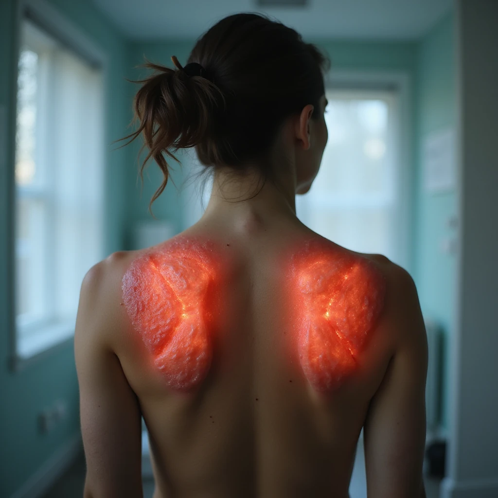 hyperrealistic 4K image of a woman seen from behind with inflamed shoulder blades, red and swollen skin above the shoulder blades, medical environment, variant 4 with slightly changed head position emoji