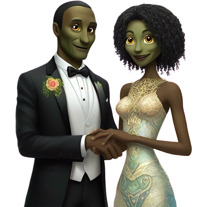 Alien reprilian woman in wedding dress and one humman man in a tuxedo holding hands getting married emoji