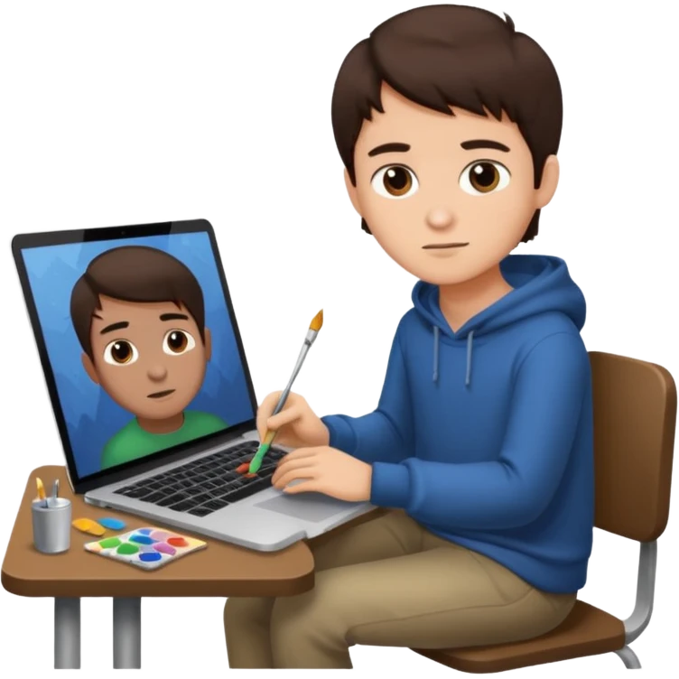 boy working in Macbook, he is graphic designer and paint artist, he seat front side and hair dark brown color emoji