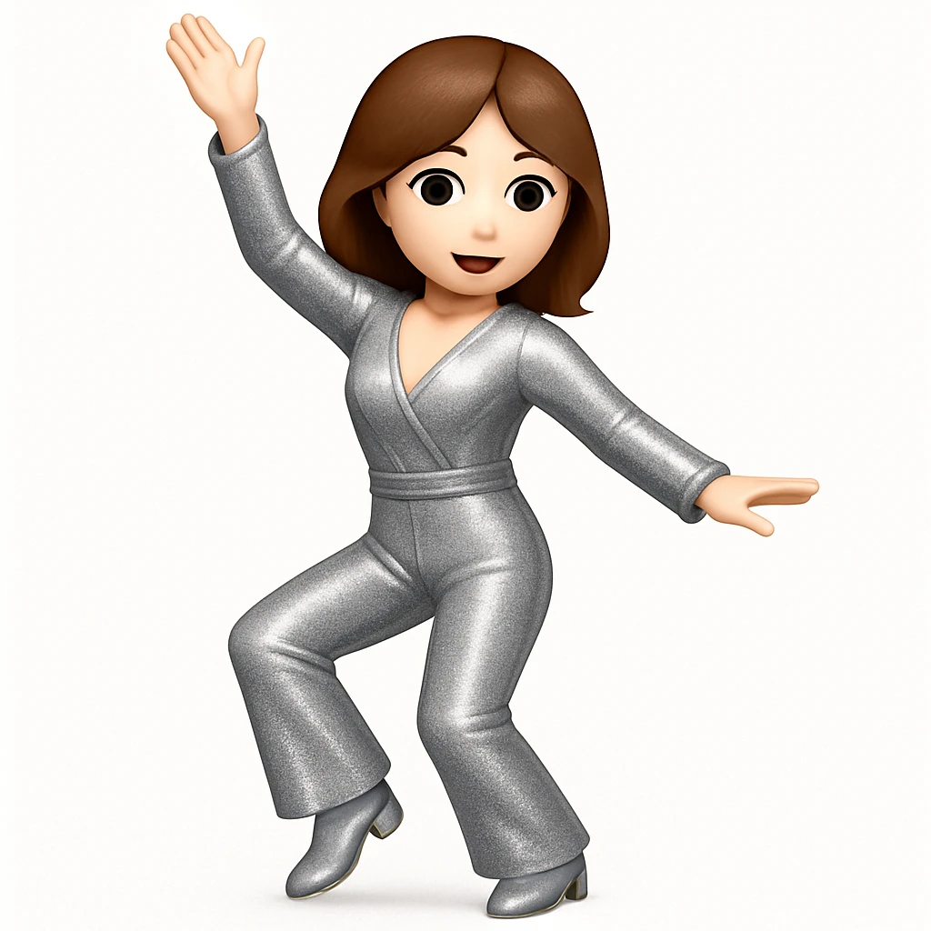 Make the woman do the exact pose of the 🕺🏻 emoji (one arm up, one arm out, one leg bent), keep white skin, brown hair, sparkly jumpsuit, emoji style emoji